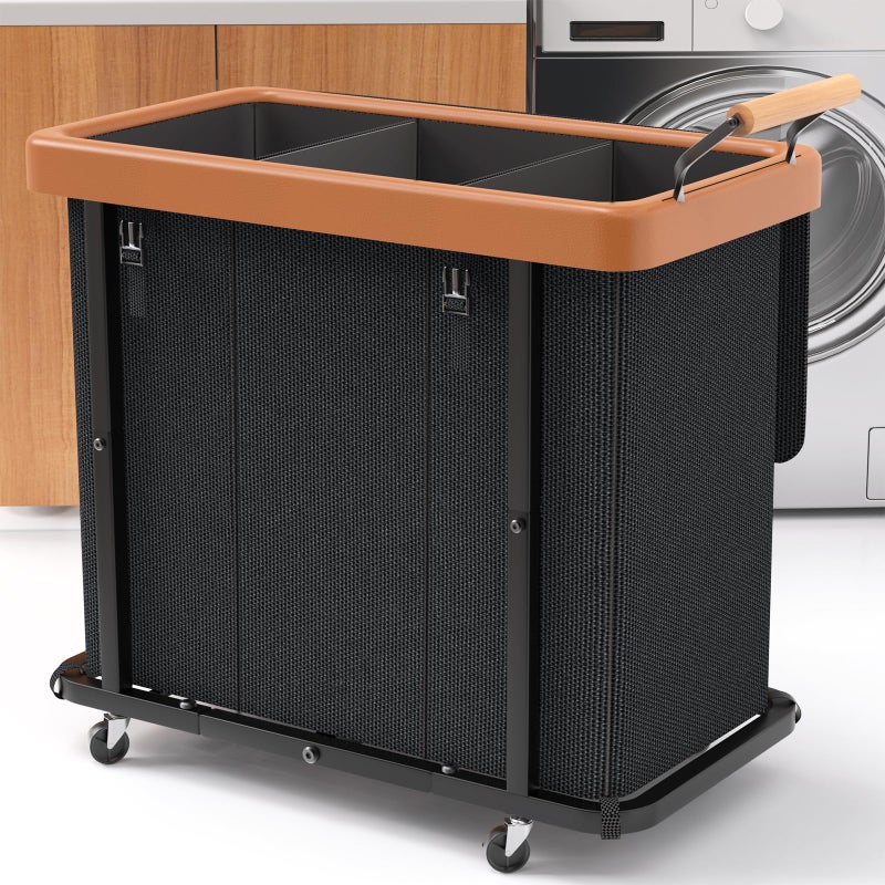 kunlabori 230L 60 Gal Extra Large Fashion Laundry Sorter 3 Section with Lid Rolling Laundry Basket Hamper with Handle Laundry Organizer Storage Cart with Sturdy Metal Frame for Laundry Room Hotel Black - Image 2