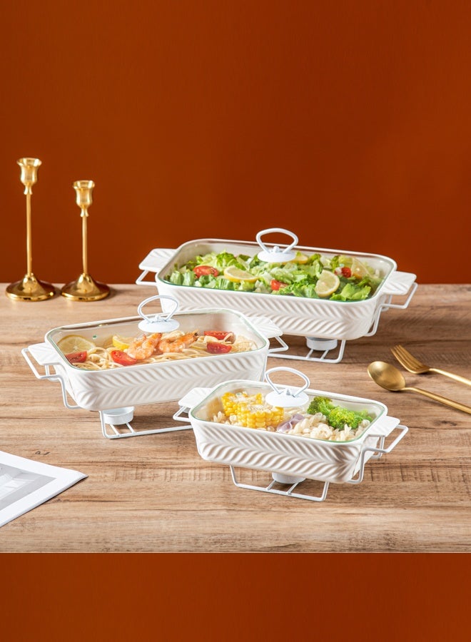 دوف طقم دفايات الطعام مستطيلة من البورسلان الأبيض مع حامل شمعة وغطاء زجاجي – 3 قطع بمقاسات 10 و12 و14.5 بوصة