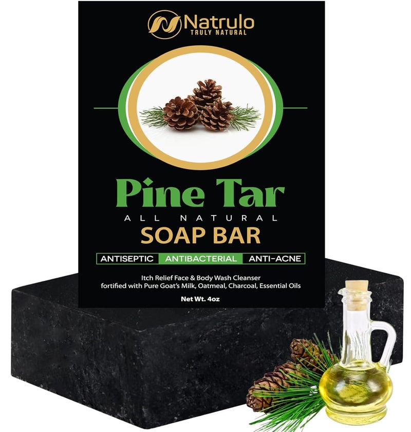 Natrulo All Natural Pine Tar Soap Bar 4oz Cleansing Anti Acne Eczema Psoriasis Itch Relief Pine Tar Face Body Wash Cleanser Pure Goats Milk Soap with Oatmeal Charcoal Essential Oils Made in USA - Image 1