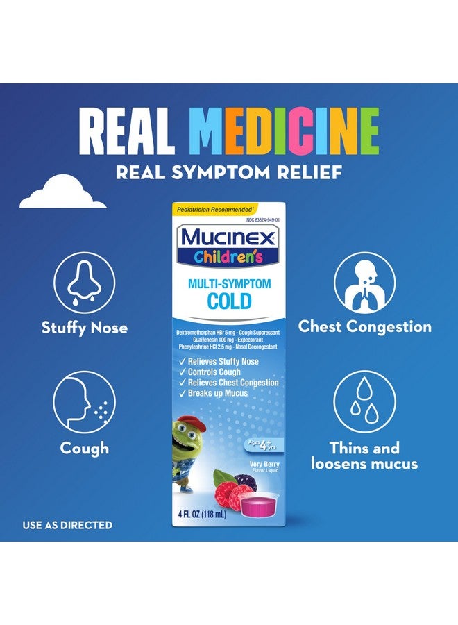 Mucinex Children's Multi-Symptom Cold Medicine, Kids Cough Medicine, Mucinex Kids Medicine/Decongestant with Dextromethorphan HBr, Guaifenesin, Phenylephrine HCl, Very Berry Flavor Liquid, 4 Fl Oz - Image 2