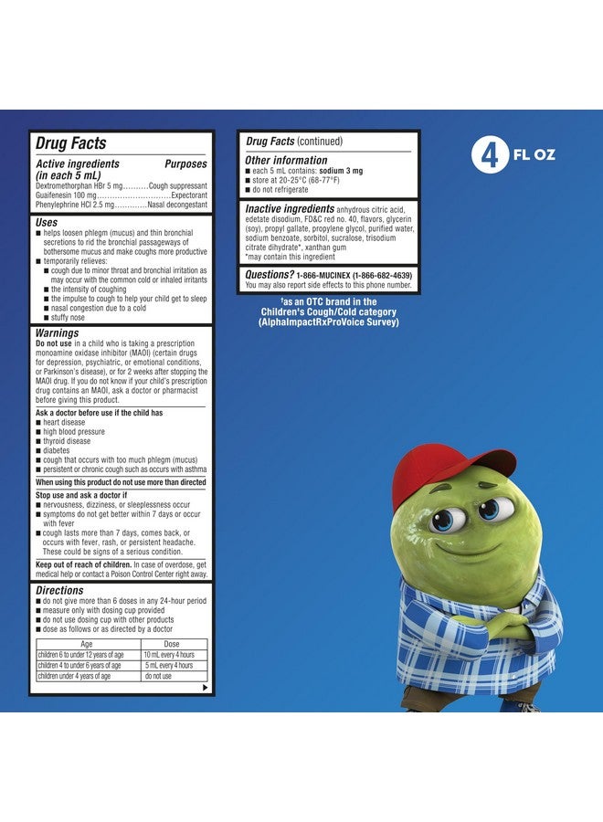 Mucinex Children's Multi-Symptom Cold Medicine, Kids Cough Medicine, Mucinex Kids Medicine/Decongestant with Dextromethorphan HBr, Guaifenesin, Phenylephrine HCl, Very Berry Flavor Liquid, 4 Fl Oz - Image 3