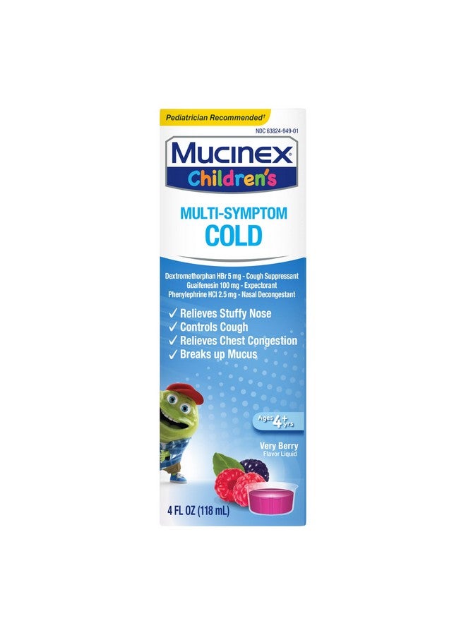Mucinex Children's Multi-Symptom Cold Medicine, Kids Cough Medicine, Mucinex Kids Medicine/Decongestant with Dextromethorphan HBr, Guaifenesin, Phenylephrine HCl, Very Berry Flavor Liquid, 4 Fl Oz - Image 1