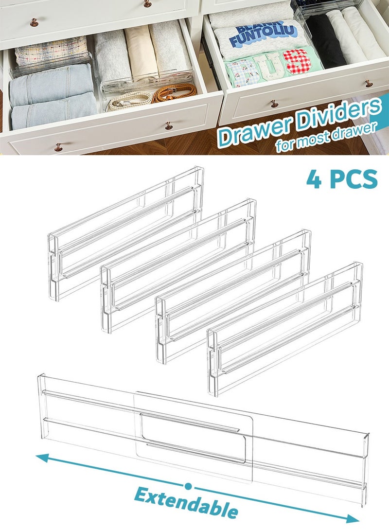 4 PCS Transparent Drawer Dividers 27.5-52cm Expandable Drawer Dividers for Kitchen, Bathroom and Office Adjustable Plastic Drawer Organiser Dresser Drawer Organizer for Underwear, Socks, Baby Clothing, Kitchen Utensils, Cosmetic and Office Supplies Drawer Separators for Organizing Kitchenware, Clothes Makeup and Stationeries  - Image 1
