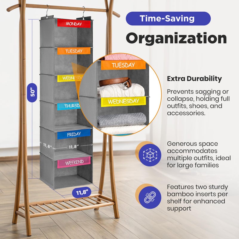 Handy Laundry Hanging Clothes Organizer for Kids - 6-Shelf Closet Daily Clothing Organization Labeled Shelves with Days of The Week Monday Through Friday, Weekday and Weekend (Grey-Colored) - Image 2