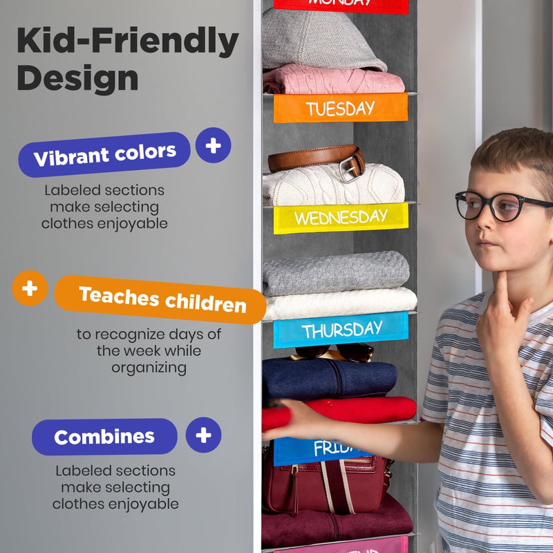 Handy Laundry Hanging Clothes Organizer for Kids - 6-Shelf Closet Daily Clothing Organization Labeled Shelves with Days of The Week Monday Through Friday, Weekday and Weekend (Grey-Colored) - Image 4