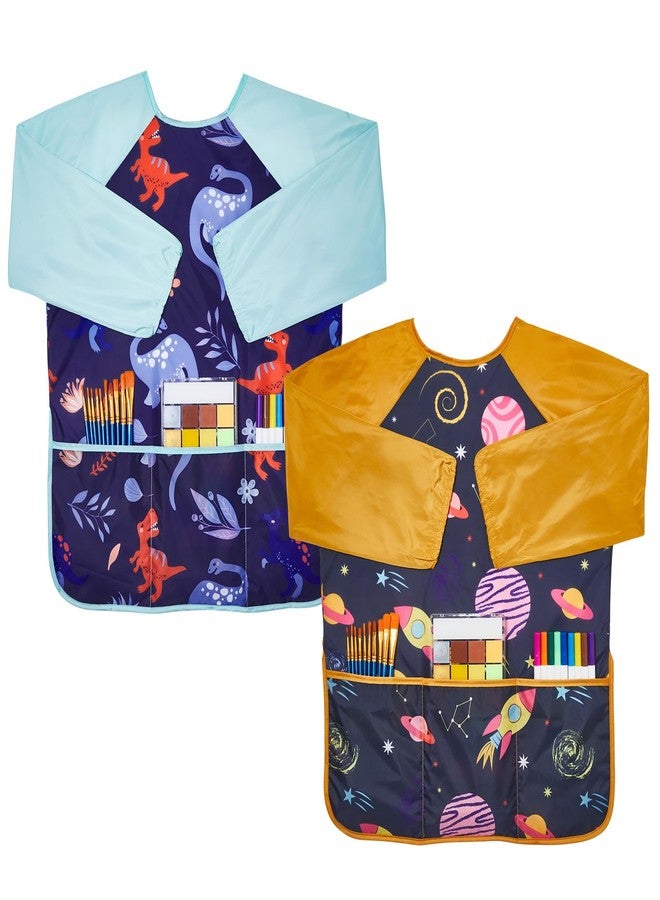Lictin 2 Pack Kids Art Smocks, Toddler Smock, Waterproof Artist Painting Aprons for Children, with Long Sleeve and 3 Pockets for Age 3-8 Years Blue - Image 1