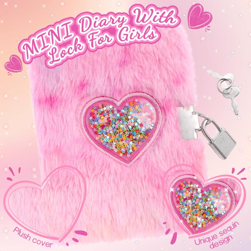 Prinbarbee Mini Heart Diary For Girls With Lock And Keys  4.7X6.1In Cute Plush Diary Secret Diary  Writing Journal Lined Pages Notebook Sequined Design Birthday Gift Set For Kids Ages 6-8 - Image 2