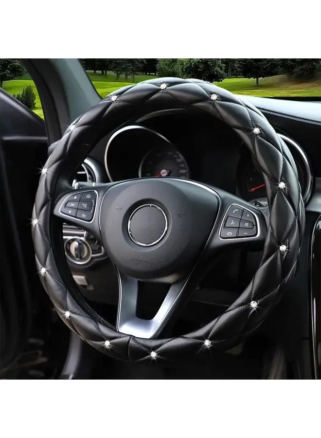 Black Faux Leather Steering Wheel Cover With Diamond Stitching Non Slip Grip 14 5 15 Inch - Image 4