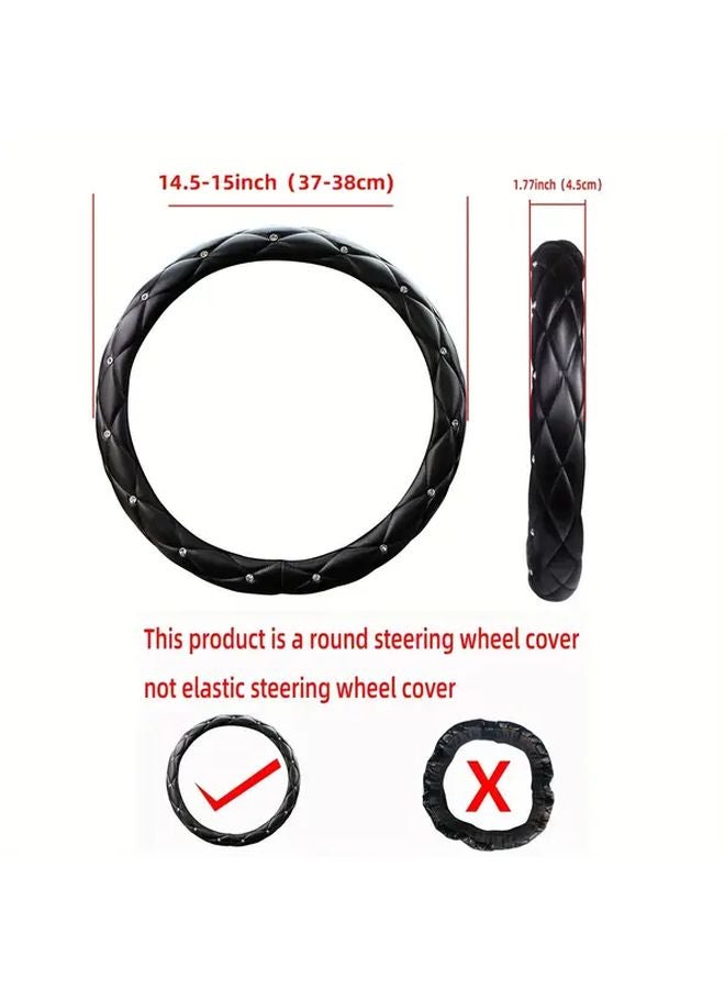 Black Faux Leather Steering Wheel Cover With Diamond Stitching Non Slip Grip 14 5 15 Inch - Image 2