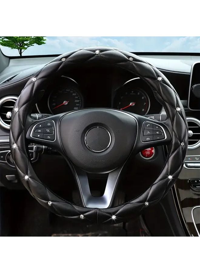 Black Faux Leather Steering Wheel Cover With Diamond Stitching Non Slip Grip 14 5 15 Inch - Image 5