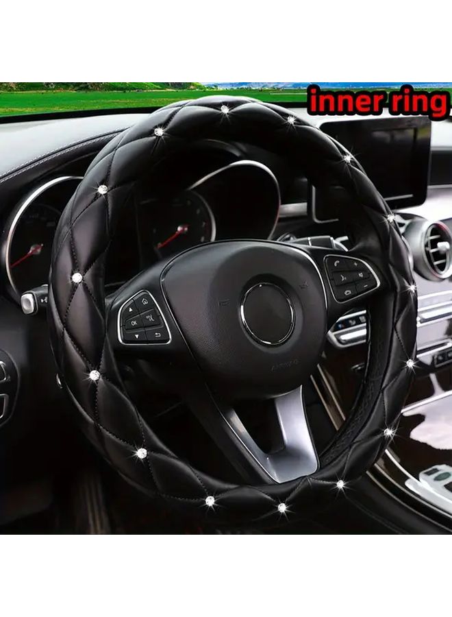 Black Faux Leather Steering Wheel Cover With Diamond Stitching Non Slip Grip 14 5 15 Inch - Image 1