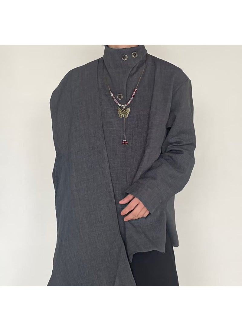 Generic Retro Style Stand Collar Shirt Half High Collar Design Sensation Sash Scarf Mens Loose Fit Long Sleeve Pure Color Casual Shirt Grey  - Image 1