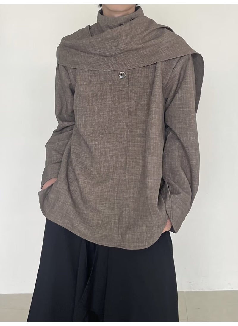Generic Retro Style Stand Collar Shirt Half High Collar Design Sensation Sash Scarf Mens Loose Fit Long Sleeve Pure Color Casual Shirt Grey  - Image 2