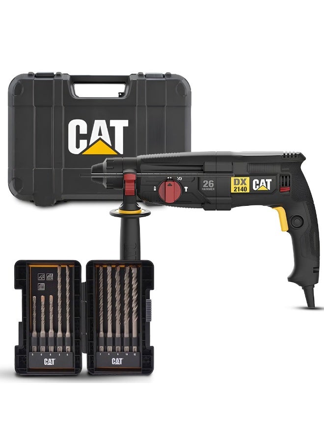 Professional 26mm 4-Function Rotary Hammer Drill (Drilling – Hammer Drilling – Chiseling – Rotation Stop) Heavy-Duty Motor for Concrete Applications with Multi-Size Masonry Drill Bit Set CAT DA03901 – CAT DX2140