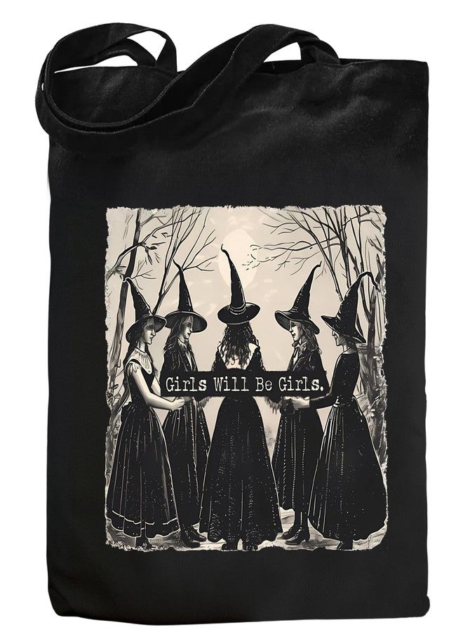Kimoli Aesthetic Witchy Canvas Tote Bag for Women Funny Witchy Gifts for Women Cute Girls Will Be Girls Canvas Bag Spooky Reusable Beach Shoulder Grocery Casual Bag for Work Travel, Black - Image 1