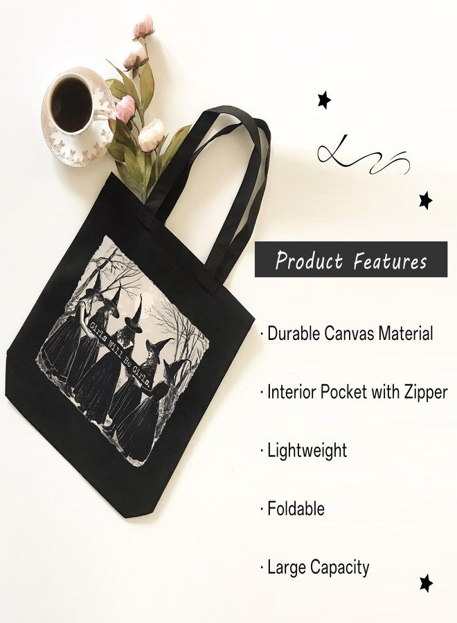 Kimoli Aesthetic Witchy Canvas Tote Bag for Women Funny Witchy Gifts for Women Cute Girls Will Be Girls Canvas Bag Spooky Reusable Beach Shoulder Grocery Casual Bag for Work Travel, Black - Image 2