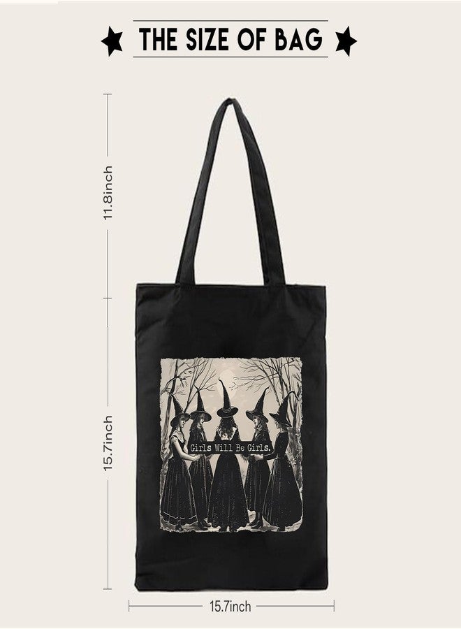 Kimoli Aesthetic Witchy Canvas Tote Bag for Women Funny Witchy Gifts for Women Cute Girls Will Be Girls Canvas Bag Spooky Reusable Beach Shoulder Grocery Casual Bag for Work Travel, Black - Image 3