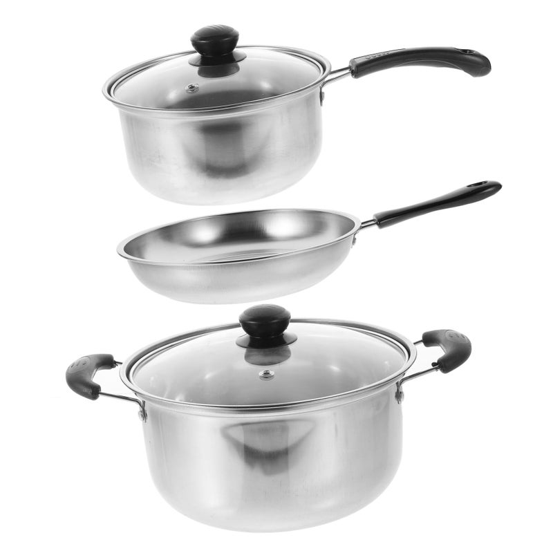 Stainless Steel Induction Cookware Set 3 Piece Flat Bottom Frying Pan Soup Pot Milk Pot - Image 2