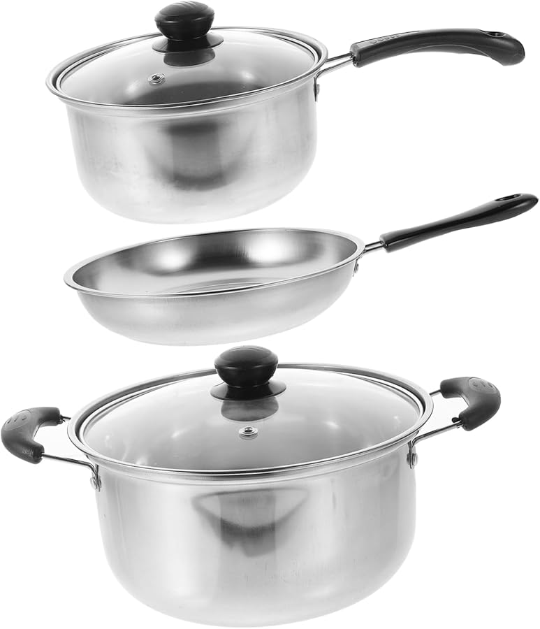 Stainless Steel Induction Cookware Set 3 Piece Flat Bottom Frying Pan Soup Pot Milk Pot - Image 1