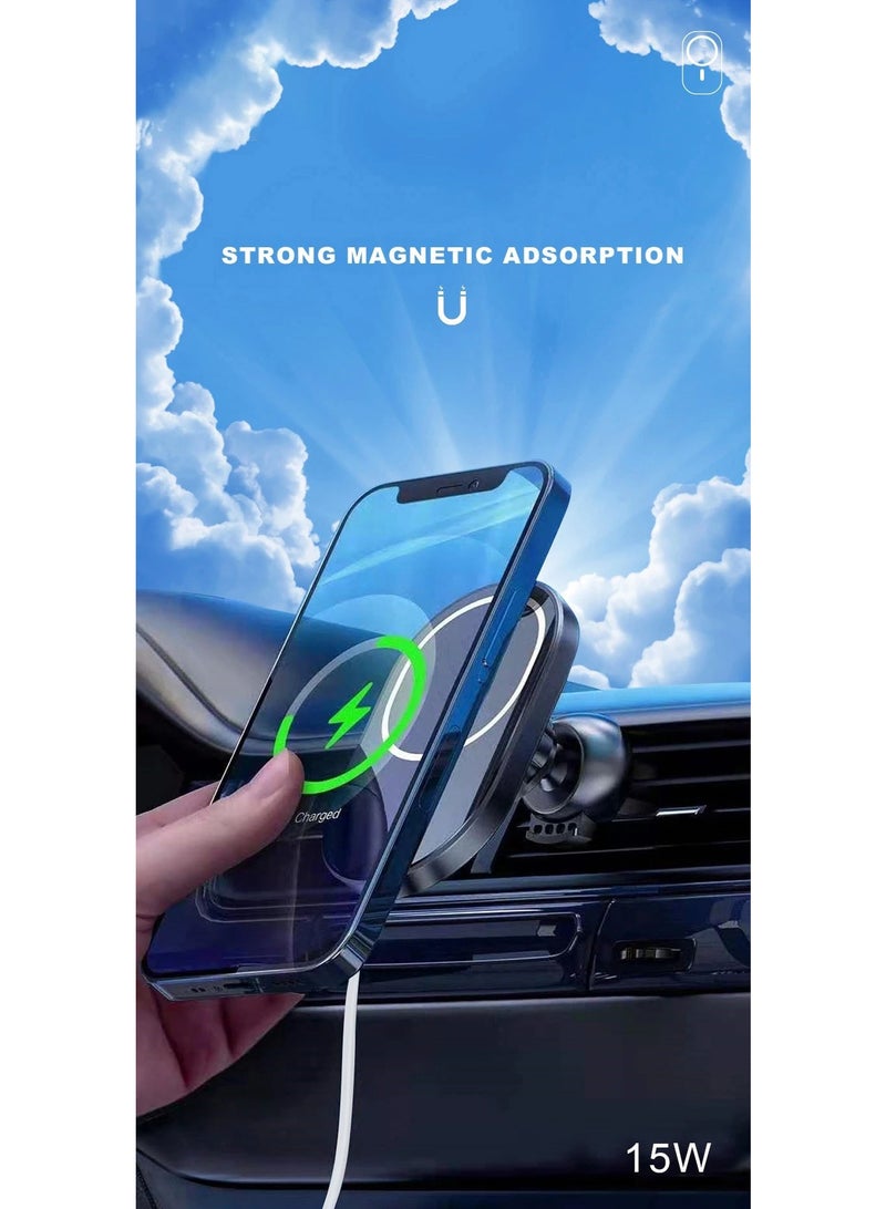 WUW 15W Car Mount Charger Stand Holder Magnetic Wireless Fast Charging for Apple MagSafe iPhones, USB Cable - Image 2