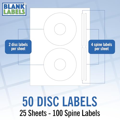 Blank Labels CD/DVD Label Full Face | Qty 50 Disc, 100 Spine | 25 Sheets Total | Permanent White Matte | Compatible with Inkjet and Laser Printer | Blank Labels - Image 1