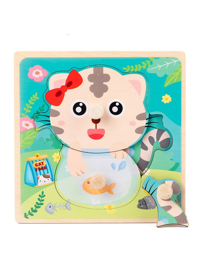5.9 Inch Kitten Style 1-3 Years Old Wooden Peg Jigsaw Puzzle Toy With Handle, Baby Kids Fine Motor Skills Learning Educational Montessori Jigsaw Puzzle, Ideal Gift For 1 - 2 - 3 Years Old Boys And G - Image 1
