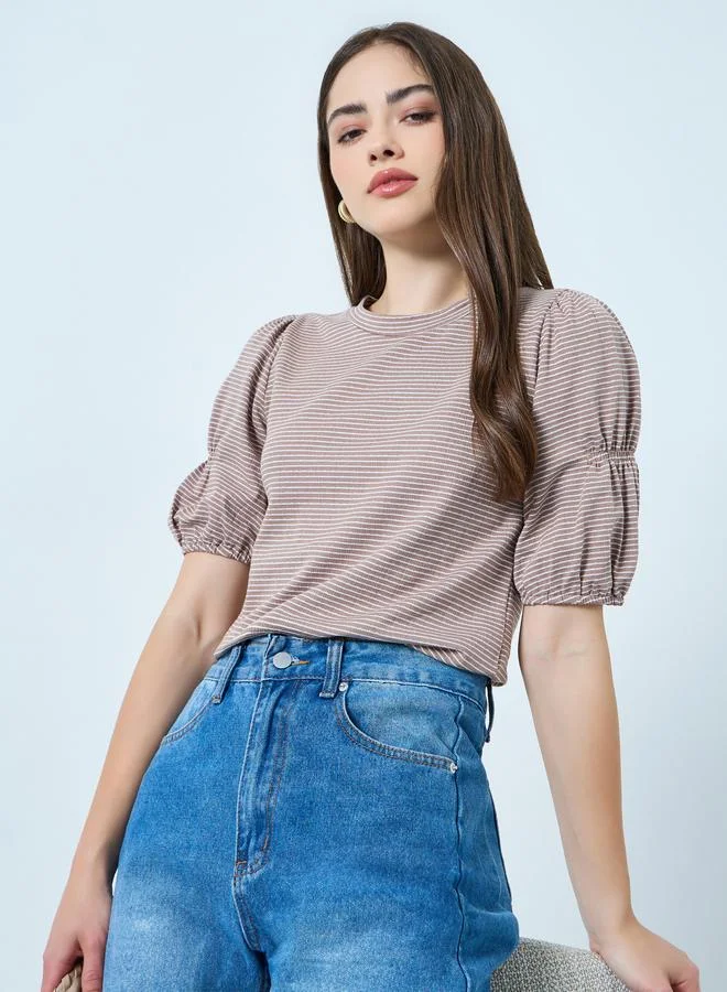 Styli Brown Puff Sleeve Striped Knit Top