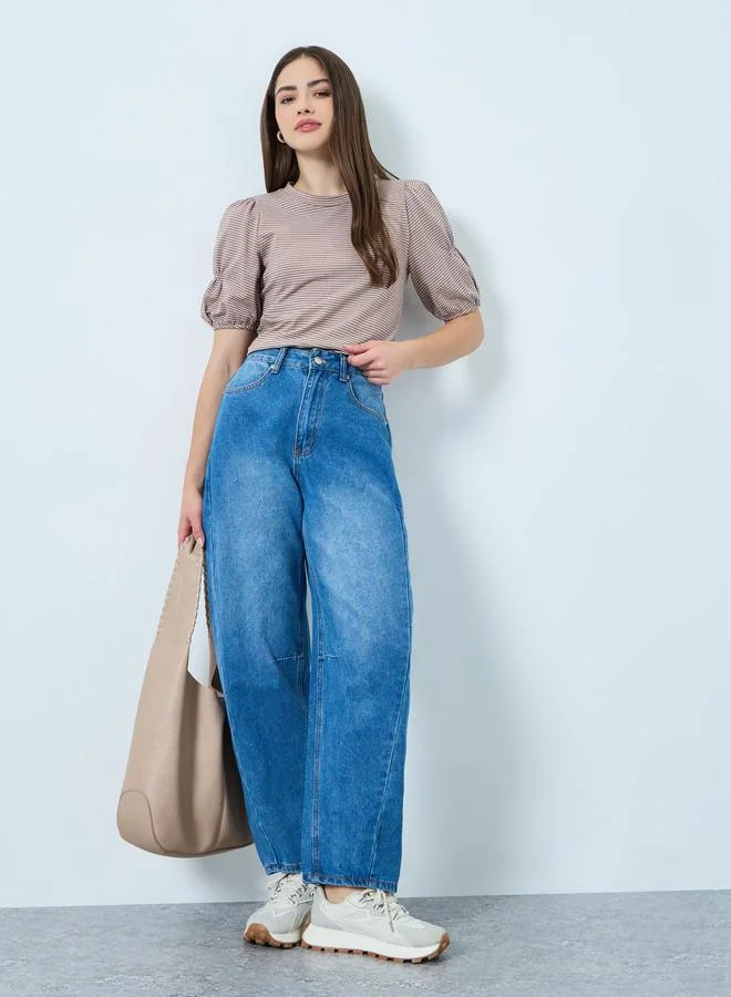 Styli Brown Puff Sleeve Striped Knit Top