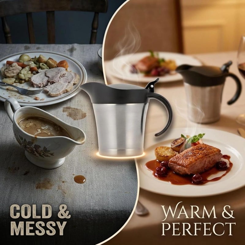 Double-Wall Thermal Gravy Carafe, 15.2 Fl Oz Insulated Gravy Pitcher, Drip-Proof Spout, 304 Stainless Steel Sauce Boat with Lid and Black Handle for Kitchen, Western Cuisine - Image 2
