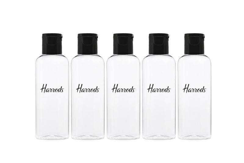 HARRODS 100ml Refillable Travel Bottles for Toiletries (Pack of 5) | Leak-Proof Clear Plastic Bottles with Flip Cap | Portable Travel Containers for Shampoo, Lotion, Cream & Oils - Image 1