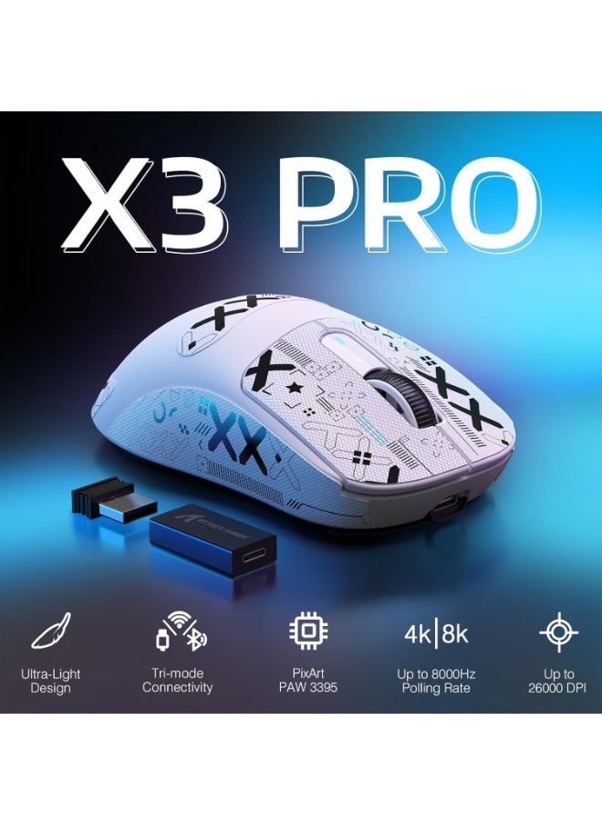 Attack Shark - ATTACK SHARK X3PRO 4K/8K Lightweight Wireless Gaming Mouse with Tri-Mode(Wired/2.4GHz/BT),PAW3395 Optical Sensor,26K DPI,Kailh GM8.0 Switch,Long Battery,7 Buttons for PC/Laptop/Win/Mac(White+Sticker) - Image 1
