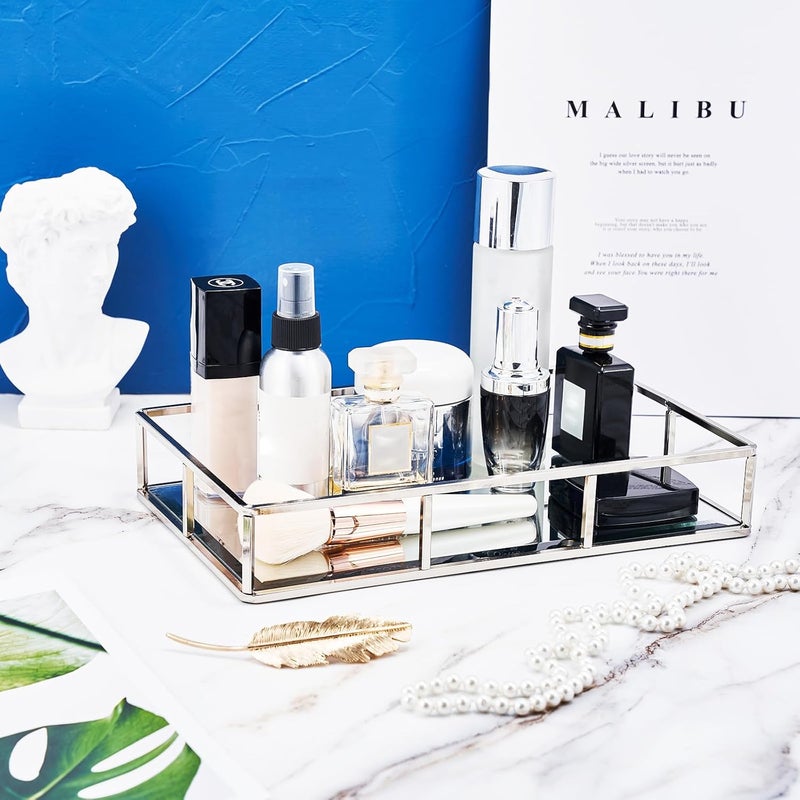 PuTwo Mirror Tray - Silver Perfume & Jewelry Organizer, Decorative Vanity Tray for Bathroom Counter - Image 2