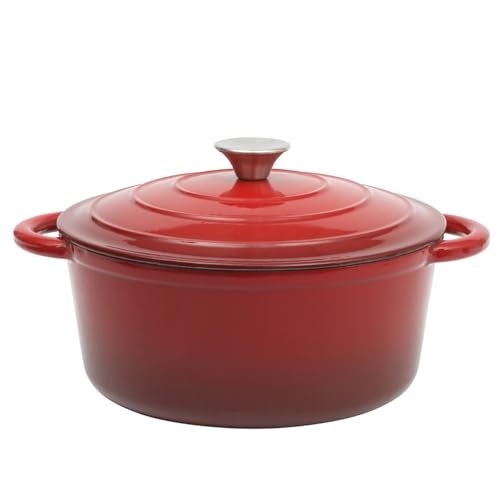 Gibson Home Addlestone 5 Quart Round Enamel Cast Iron Dutch Oven Pot With Lid  Dual Handles  Red