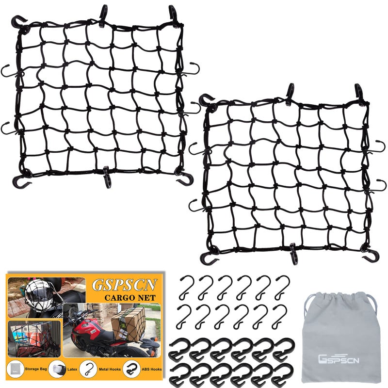 GSPSCN 2Pack 42cm x 42cm Cargo net Motorcycle, Latex Heavy Duty Bungee Cord Net Stretches to 126cm x 126cm, Thicken Luggage Netting with 6cm x 6cm Mesh&24 Hooks for Motorcycle, Bike, ATV, Roof