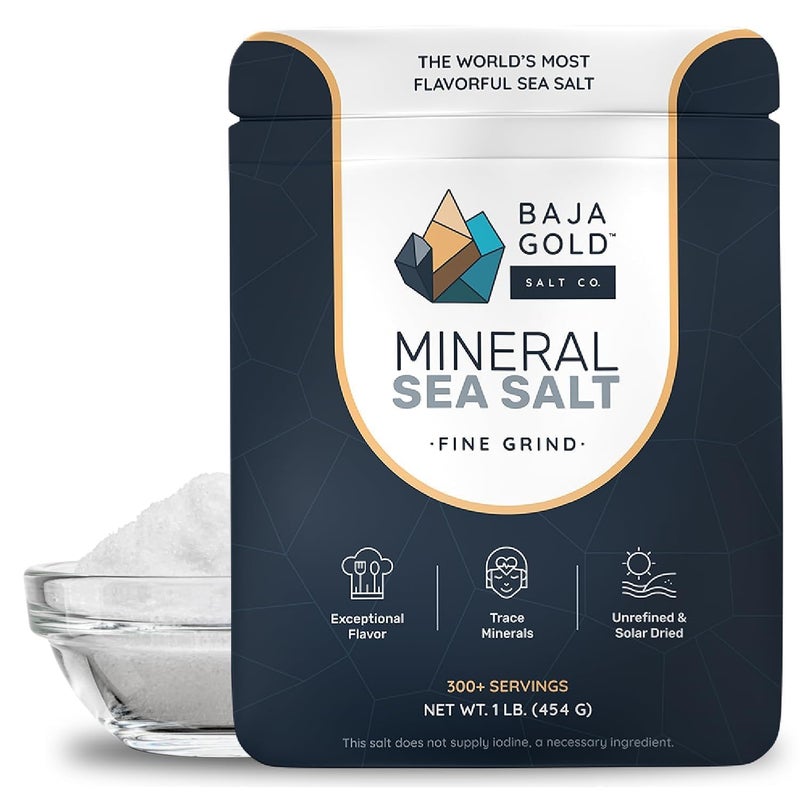 Baja Gold ملح البحر المعدني باجا جولد - موصى به من غاري بريكا - ملح ناعم أصلي للطهي والخبز | ملح باجا الطبيعي للاستخدامات الطهو | رائع لإنهاء الأطباق | كيس قابل لإعادة الإغلاق 1 رطل، 300+ حصة - Image 1
