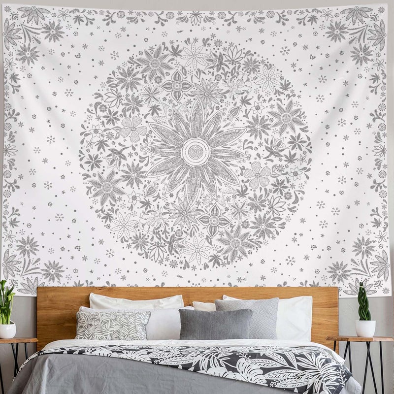 Neasow Bohemian Tapestry Wall Hanging, Gray Floral Tapestry with Dotted Daisy Medallion Print Bedroom Boho Hippie Home Decor, 36x48 inches - Image 1