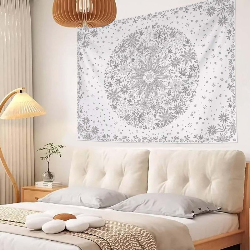 Neasow Bohemian Tapestry Wall Hanging, Gray Floral Tapestry with Dotted Daisy Medallion Print Bedroom Boho Hippie Home Decor, 36x48 inches - Image 4