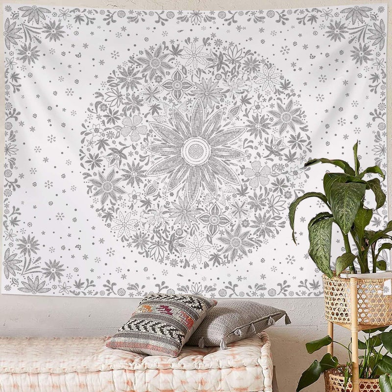 Neasow Bohemian Tapestry Wall Hanging, Gray Floral Tapestry with Dotted Daisy Medallion Print Bedroom Boho Hippie Home Decor, 36x48 inches - Image 3