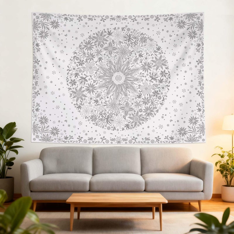 Neasow Bohemian Tapestry Wall Hanging, Gray Floral Tapestry with Dotted Daisy Medallion Print Bedroom Boho Hippie Home Decor, 36x48 inches - Image 2