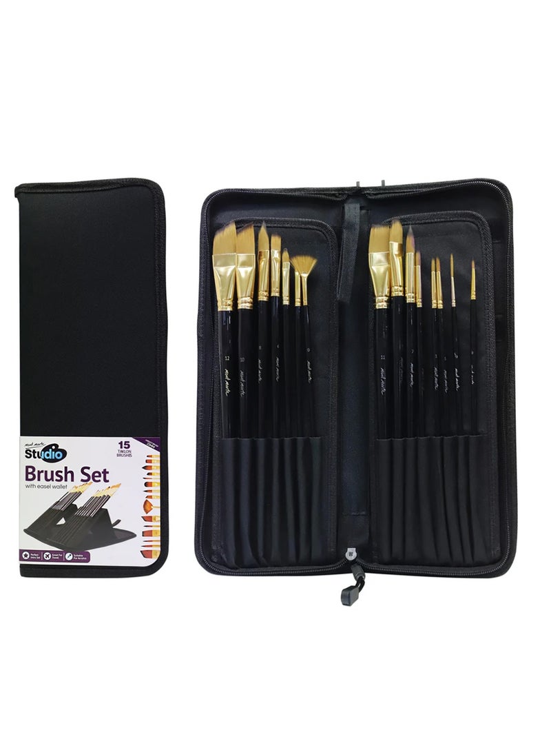 Mont Marte 15-Piece Studio Artist taklon Brush Set With Easel Wallet  - Image 1