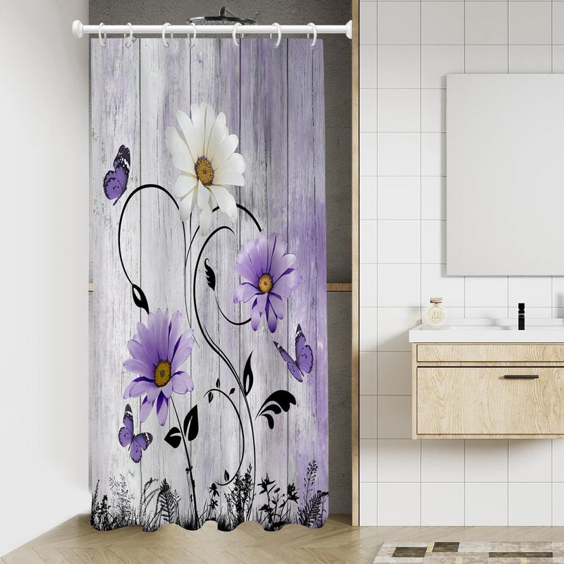 AAtter Purple Floral Shower Curtain Rustic Flowers Butterfly Daisy Stall Small Single Walk in Half Size Dorm Standing Narrow Stand Up RV Home Bathroom Decor Bathtub Set with 7 Hooks  36x72  Lavender - Image 1