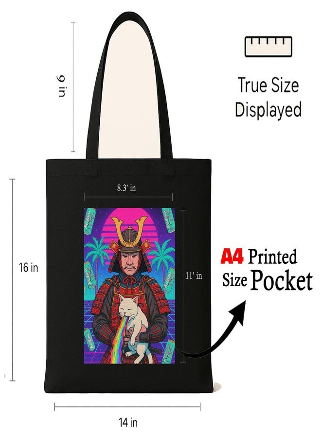 Megrok Samurai Dreamscape Art Tote Bag for Women | Front A4 Size Printed Pocket | 16x14 Inch Japanese Cotton Bag | Unique Anime Lover's Shopper - Image 2