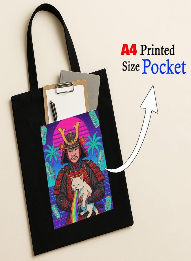 Megrok Samurai Dreamscape Art Tote Bag for Women | Front A4 Size Printed Pocket | 16x14 Inch Japanese Cotton Bag | Unique Anime Lover's Shopper - Image 3