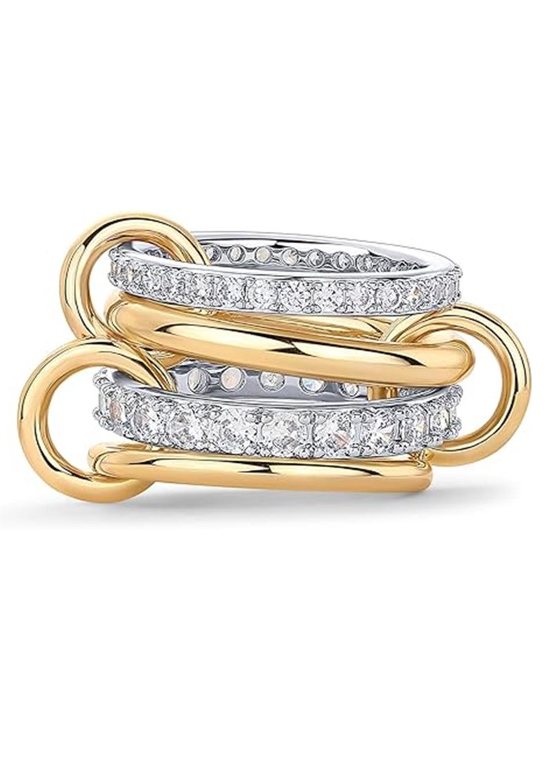 Generic 14K Gold Plated Interlocked Stackable Rings for Women | Statement Multi Ring Mixed Metals Stack | Cubic Zirconia Two-Toned Stacking Jewelry Size 6  - Image 1