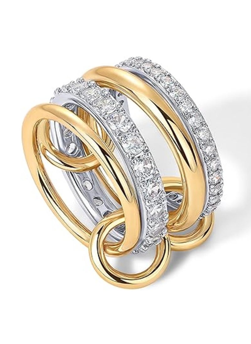Generic 14K Gold Plated Interlocked Stackable Rings for Women | Statement Multi Ring Mixed Metals Stack | Cubic Zirconia Two-Toned Stacking Jewelry Size 6  - Image 3