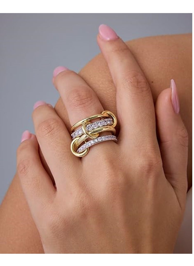 Generic 14K Gold Plated Interlocked Stackable Rings for Women | Statement Multi Ring Mixed Metals Stack | Cubic Zirconia Two-Toned Stacking Jewelry Size 6  - Image 4
