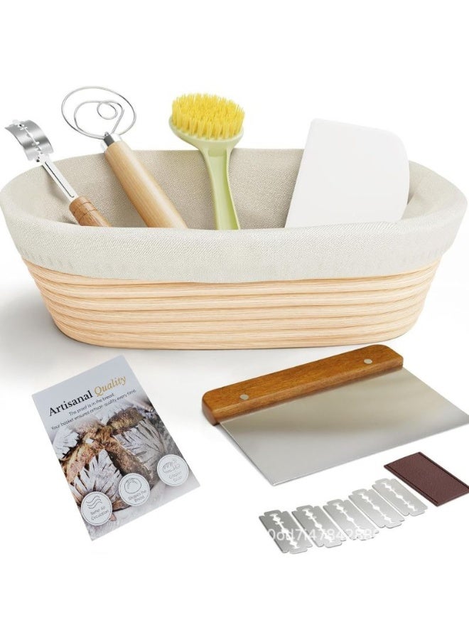 اكسيسن سلة خبز بيضاوية الشكل مقاس 10 بوصات – مجموعة أدوات صنع العجين المخمر لخبز القوالب المقرمشة على الطريقة التقليدية، تتضمن مستلزمات وأدوات خبز الخبز الأساسية - هدية مثالية للخبازين