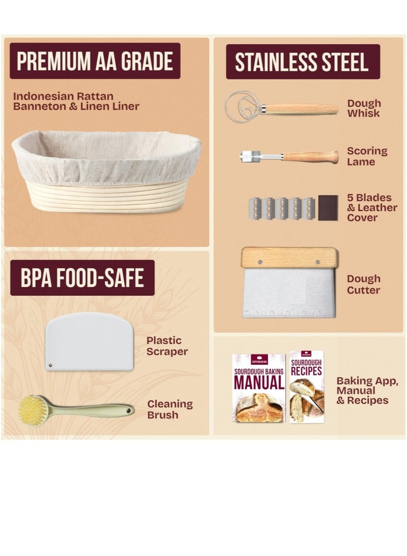 XICEN 10" Oval Banneton Bread Proofing Basket – Sourdough Starter Kit for Crusty Artisan Style Loaves, Includes Essential Bread Baking Supplies & Tools - Ideal Gift for Bakers - Image 2