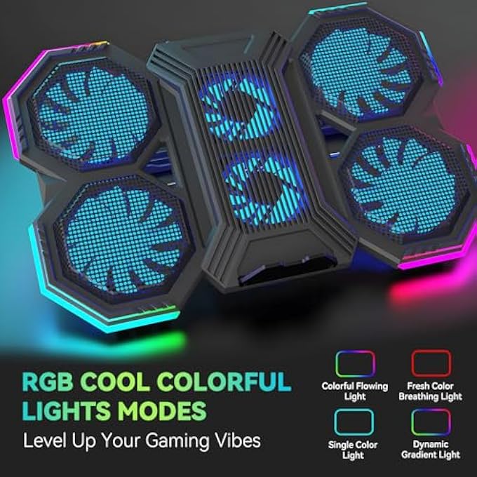 rayihni LAPTOP COOLING PAD, RGB GAMING LAPTOP COOLER WITH 6 ULTRA-QUIET FANS, LAPTOP FAN STAND FOR 12-17.3 INCH LAPTOPS WITH 5 ADJUSTABLE HEIGHT, 2 USB 2.0 PORTS AND PHONE HOLDER - Image 2