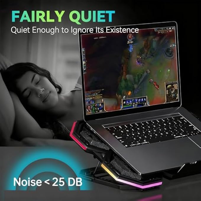 rayihni LAPTOP COOLING PAD, RGB GAMING LAPTOP COOLER WITH 6 ULTRA-QUIET FANS, LAPTOP FAN STAND FOR 12-17.3 INCH LAPTOPS WITH 5 ADJUSTABLE HEIGHT, 2 USB 2.0 PORTS AND PHONE HOLDER - Image 3